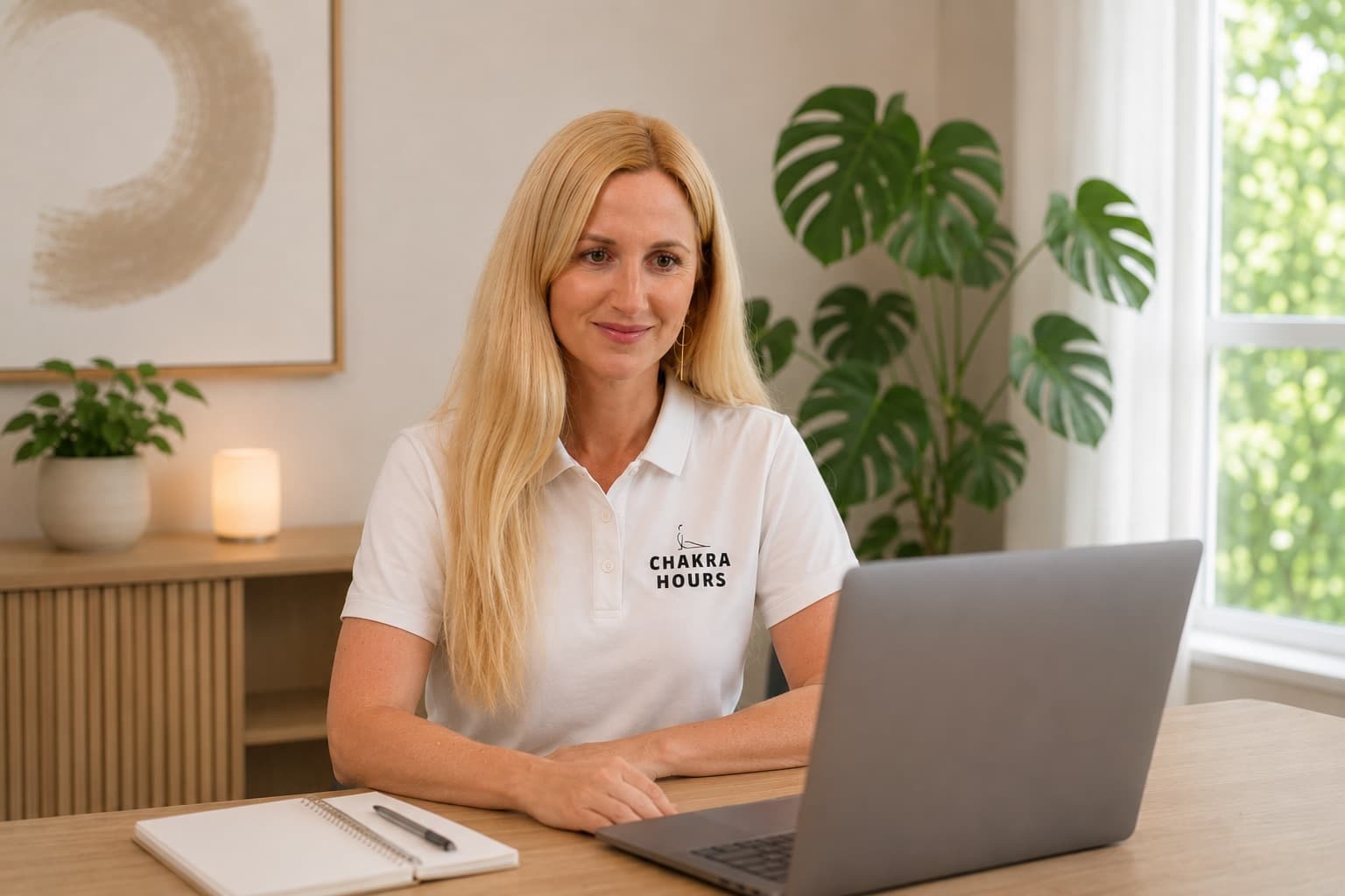 Nina Mua leading a live online wellness session on Zoom, Chakra Hours live corporate wellness